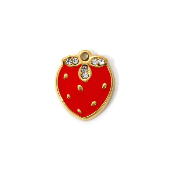 2 PCs Eco-friendly PVD Vacuum Plating 304 Stainless Steel Charms 18K Real Gold Plated Red Enamel Strawberry Fruit Clear Cubic Zirconia 17.5mm x 14.5mm の画像