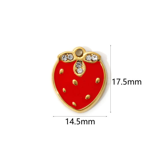 2 PCs Eco-friendly PVD Vacuum Plating 304 Stainless Steel Charms 18K Real Gold Plated Red Enamel Strawberry Fruit Clear Cubic Zirconia 17.5mm x 14.5mm の画像