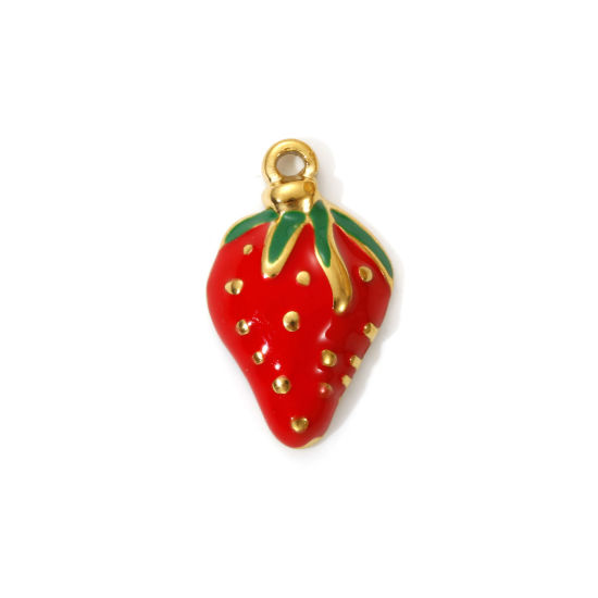 2 PCs Eco-friendly PVD Vacuum Plating 304 Stainless Steel Charms 18K Real Gold Plated Red Enamel Strawberry Fruit 21mm x 13mm の画像