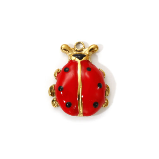 2 PCs Eco-friendly PVD Vacuum Plating 304 Stainless Steel Charms 18K Real Gold Plated Red Enamel Ladybug Animal 21mm x 17mm の画像