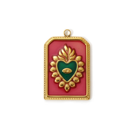 Picture of 2 PCs Eco-friendly PVD Vacuum Plating Waterproof Anti-Tarnish Hypoallergenic 304 Stainless Steel Religious Charms 18K Real Gold Plated Fuchsia Enamel Hexagon Ex Voto Heart 28mm x 18mm