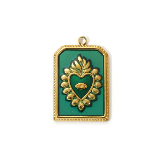 Imagen de 2 PCs Eco-friendly PVD Vacuum Plating 304 Stainless Steel Religious Charms 18K Real Gold Plated Green Enamel Hexagon Ex Voto Heart 28mm x 18mm