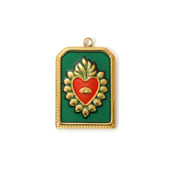 Imagen de 2 PCs Eco-friendly PVD Vacuum Plating 304 Stainless Steel Religious Charms 18K Real Gold Plated Green Enamel Hexagon Ex Voto Heart 28mm x 18mm