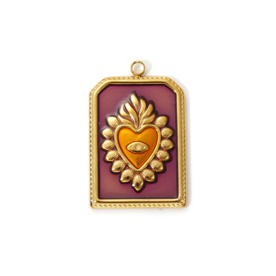 Imagen de 2 PCs Eco-friendly PVD Vacuum Plating 304 Stainless Steel Religious Charms 18K Real Gold Plated Purple Enamel Hexagon Ex Voto Heart 28mm x 18mm