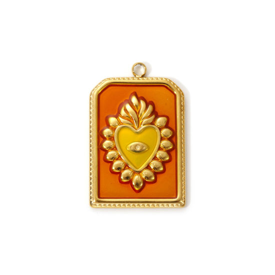 Imagen de 2 PCs Eco-friendly PVD Vacuum Plating 304 Stainless Steel Religious Charms 18K Real Gold Plated Orange Enamel Hexagon Ex Voto Heart 28mm x 18mm