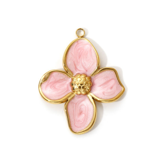 Imagen de 2 PCs Eco-friendly PVD Vacuum Plating 304 Stainless Steel Pendants 18K Real Gold Plated Light Pink Enamel Flower Pearlized 3.2cm x 2.6cm