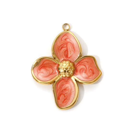 Imagen de 2 PCs Eco-friendly PVD Vacuum Plating 304 Stainless Steel Pendants 18K Real Gold Plated Orange Pink Enamel Flower Pearlized 3.2cm x 2.6cm