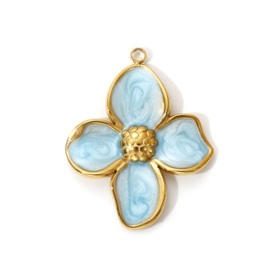 Imagen de 2 PCs Eco-friendly PVD Vacuum Plating 304 Stainless Steel Pendants 18K Real Gold Plated Light Blue Enamel Flower Pearlized 3.2cm x 2.6cm