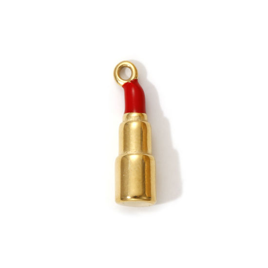 1 Piece Eco-friendly PVD Vacuum Plating 304 Stainless Steel Makeup Charms 18K Real Gold Plated Red Enamel Lipstick 3D 21.5mm x 6mm の画像