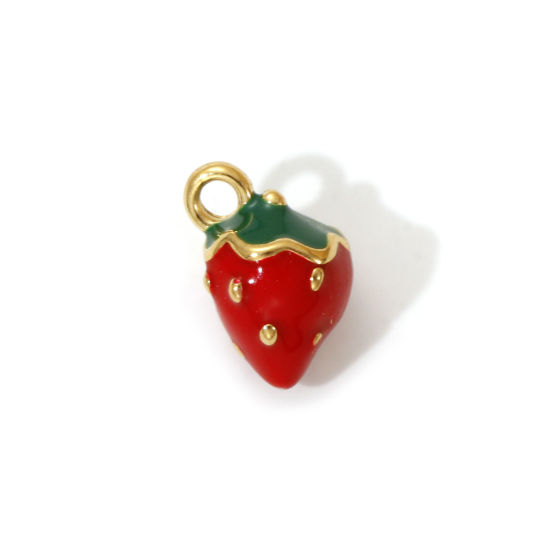 1 Piece Eco-friendly PVD Vacuum Plating 304 Stainless Steel Charms 18K Real Gold Plated Red Enamel Strawberry Fruit 3D 11mm x 8mm の画像