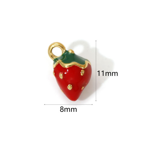 1 Piece Eco-friendly PVD Vacuum Plating 304 Stainless Steel Charms 18K Real Gold Plated Red Enamel Strawberry Fruit 3D 11mm x 8mm の画像