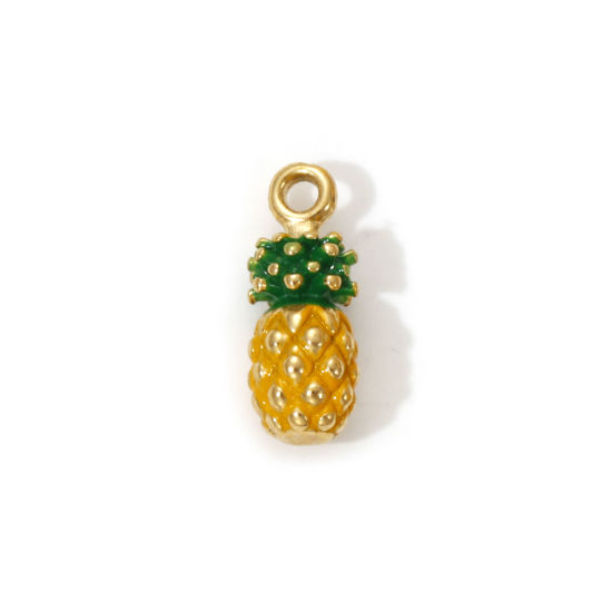 1 Piece Eco-friendly PVD Vacuum Plating 304 Stainless Steel Charms 18K Real Gold Plated Yellow Enamel Pineapple/ Ananas Fruit 3D 14mm x 5.5mm の画像