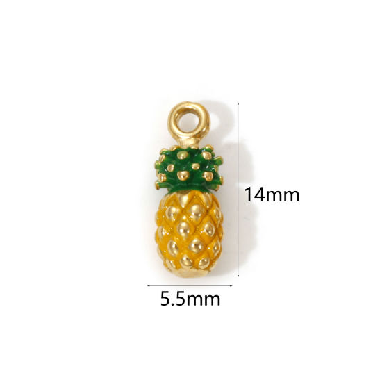 1 Piece Eco-friendly PVD Vacuum Plating 304 Stainless Steel Charms 18K Real Gold Plated Yellow Enamel Pineapple/ Ananas Fruit 3D 14mm x 5.5mm の画像