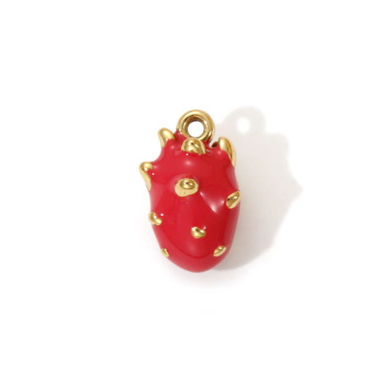 1 Piece Eco-friendly PVD Vacuum Plating 304 Stainless Steel Charms 18K Real Gold Plated Fuchsia Enamel Pitaya Fruit 3D 13mm x 8mm の画像