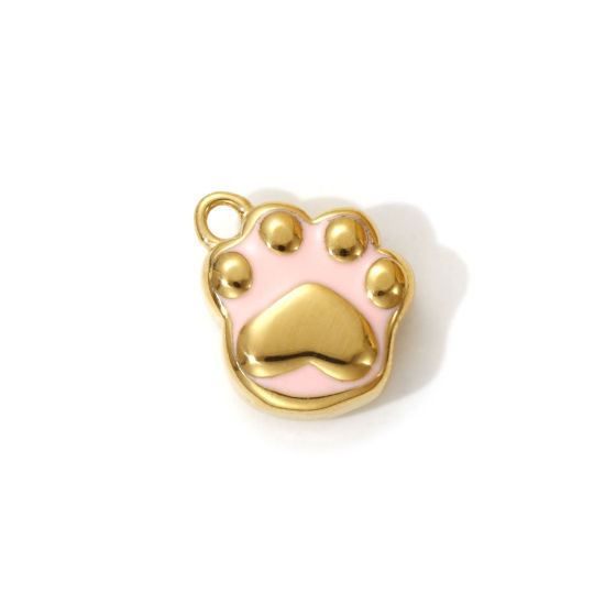 1 Piece Eco-friendly PVD Vacuum Plating 304 Stainless Steel Pet Memorial Charms 18K Real Gold Plated Light Pink Enamel Paw Print 15mm x 15mm の画像