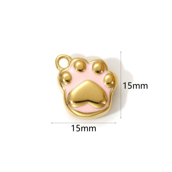 1 Piece Eco-friendly PVD Vacuum Plating 304 Stainless Steel Pet Memorial Charms 18K Real Gold Plated Light Pink Enamel Paw Print 15mm x 15mm の画像