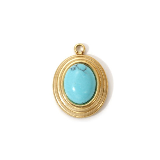 Immagine di 1 Pz Placcatura Sottovuoto PVD Ecologica 304 Acciaio Inossidabile Stile Bohemien Ciondoli 18K Vero Oro Placcato Verde Blu Ovale Con Resina Cabochon Imitazione Turchese 19mm x 14mm