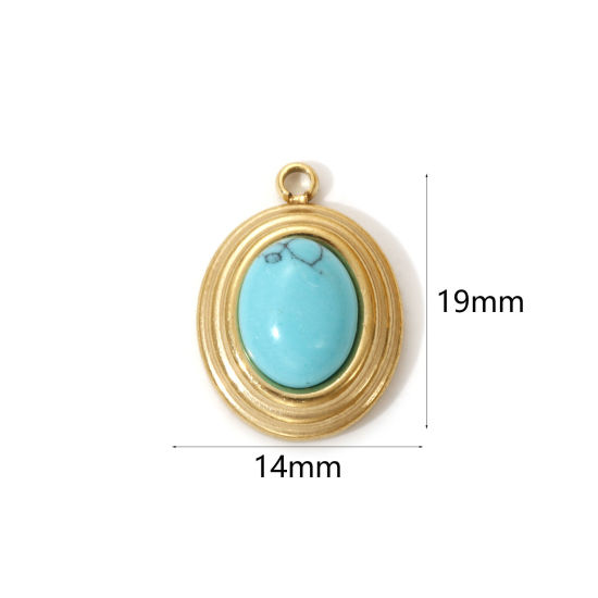 Immagine di 1 Pz Placcatura Sottovuoto PVD Ecologica 304 Acciaio Inossidabile Stile Bohemien Ciondoli 18K Vero Oro Placcato Verde Blu Ovale Con Resina Cabochon Imitazione Turchese 19mm x 14mm