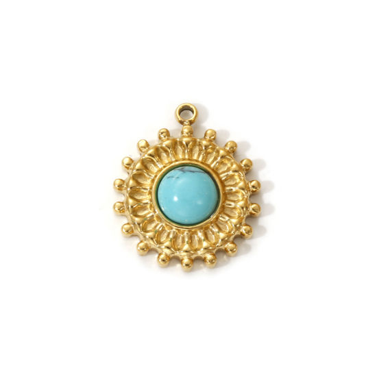 Immagine di 1 Pz Placcatura Sottovuoto PVD Ecologica 304 Acciaio Inossidabile Stile Bohemien Ciondoli 18K Vero Oro Placcato Verde Blu Sole Con Resina Cabochon Imitazione Turchese 18mm x 15mm