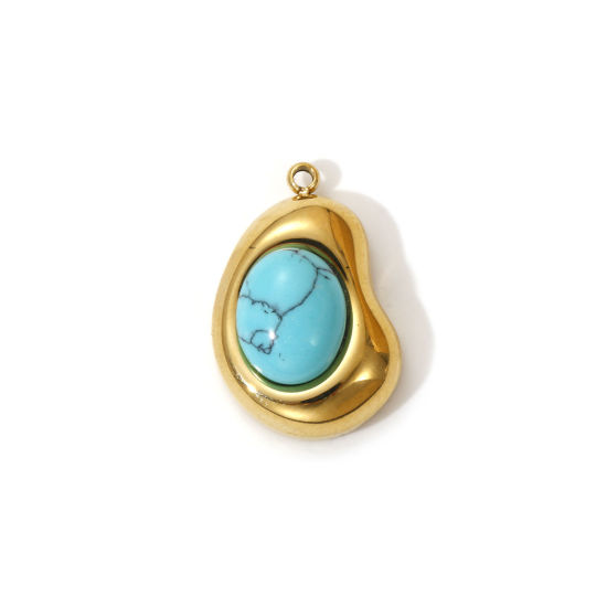 Immagine di 1 Pz Placcatura Sottovuoto PVD Ecologica 304 Acciaio Inossidabile Stile Bohemien Ciondoli 18K Vero Oro Placcato Verde Blu Goccia Con Resina Cabochon Imitazione Turchese 20.5mm x 14mm