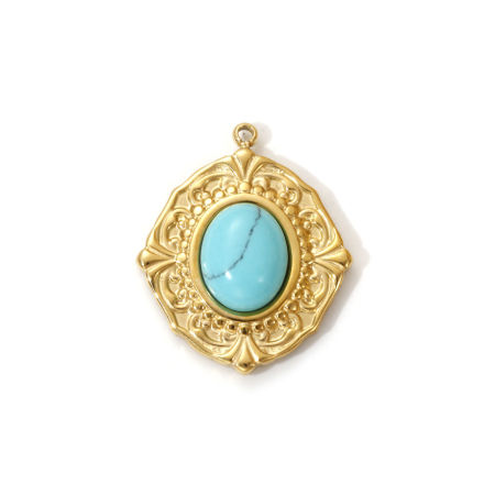 Picture of 1 Piece Eco-friendly PVD Vacuum Plating Waterproof Anti-Tarnish Hypoallergenic 304 Stainless Steel Boho Chic Bohemia Charms 18K Real Gold Plated Green Blue Oval With Resin Cabochons Imitation Turquoise 24mm x 20mm