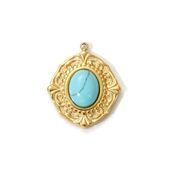 Immagine di 1 Pz Placcatura Sottovuoto PVD Ecologica 304 Acciaio Inossidabile Stile Bohemien Ciondoli 18K Vero Oro Placcato Verde Blu Ovale Con Resina Cabochon Imitazione Turchese 24mm x 20mm