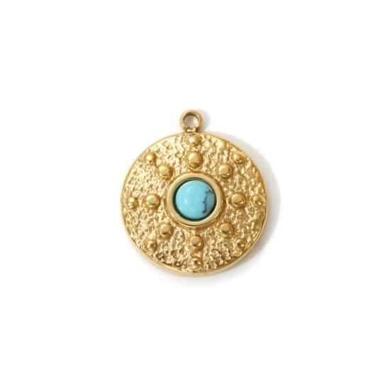 Immagine di 1 Pz Placcatura Sottovuoto PVD Ecologica 304 Acciaio Inossidabile Stile Bohemien Ciondoli 18K Vero Oro Placcato Verde Blu Tondo Con Resina Cabochon Imitazione Turchese 18mm x 15mm