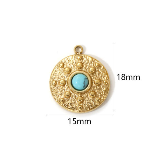Immagine di 1 Pz Placcatura Sottovuoto PVD Ecologica 304 Acciaio Inossidabile Stile Bohemien Ciondoli 18K Vero Oro Placcato Verde Blu Tondo Con Resina Cabochon Imitazione Turchese 18mm x 15mm