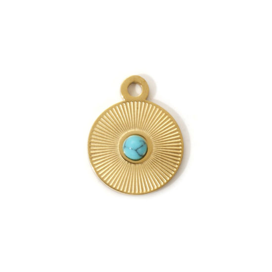 Immagine di 1 Pz Placcatura Sottovuoto PVD Ecologica 304 Acciaio Inossidabile Stile Bohemien Ciondoli 18K Vero Oro Placcato Verde Blu Tondo Disco Con Resina Cabochon Imitazione Turchese 15mm x 12mm