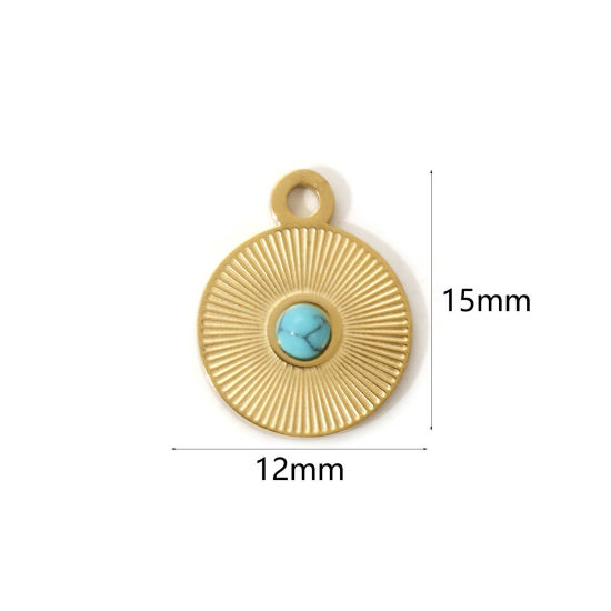 Immagine di 1 Pz Placcatura Sottovuoto PVD Ecologica 304 Acciaio Inossidabile Stile Bohemien Ciondoli 18K Vero Oro Placcato Verde Blu Tondo Disco Con Resina Cabochon Imitazione Turchese 15mm x 12mm
