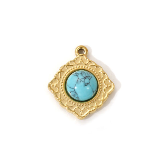 Immagine di 1 Pz Placcatura Sottovuoto PVD Ecologica 304 Acciaio Inossidabile Stile Bohemien Ciondoli 18K Vero Oro Placcato Verde Blu Rombo Con Resina Cabochon Imitazione Turchese 20mm x 18mm