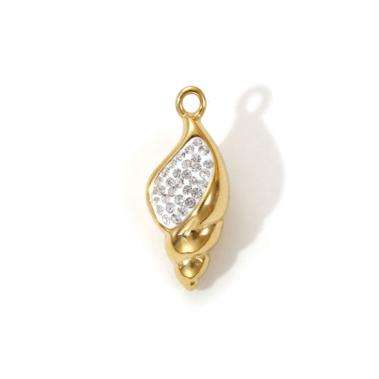 Picture of 1 Piece Eco-friendly PVD Vacuum Plating 304 Stainless Steel Charms 18K Real Gold Plated White Enamel Conch/ Sea Snail Clear Cubic Zirconia 22mm x 9mm