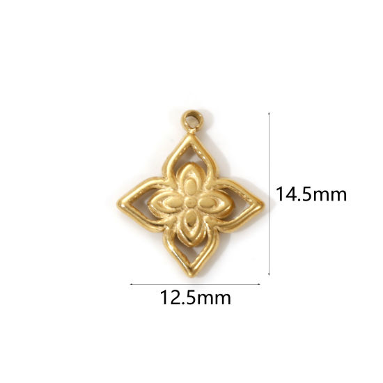 Picture of 1 Piece Eco-friendly PVD Vacuum Plating 304 Stainless Steel Charms 18K Real Gold Plated Flower Hollow 14.5mm x 12.5mm