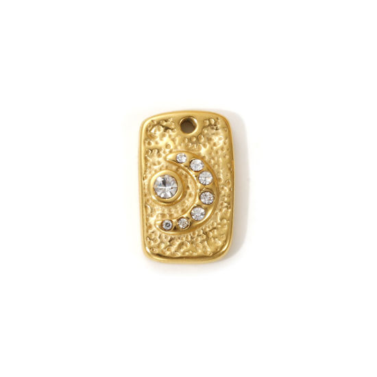 Picture of 1 Piece Eco-friendly PVD Vacuum Plating 304 Stainless Steel Galaxy Charms 18K Real Gold Plated Rectangle Moon Clear Cubic Zirconia 15.5mm x 9.5mm