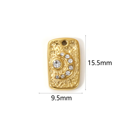 Picture of 1 Piece Eco-friendly PVD Vacuum Plating 304 Stainless Steel Galaxy Charms 18K Real Gold Plated Rectangle Moon Clear Cubic Zirconia 15.5mm x 9.5mm