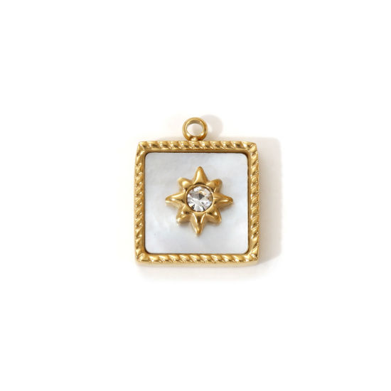 Picture of 1 Piece Eco-friendly PVD Vacuum Plating 304 Stainless Steel & Natural Shell Galaxy Charms 18K Real Gold Plated White Square Star Micro Pave Clear Cubic Zirconia 14mm x 12mm