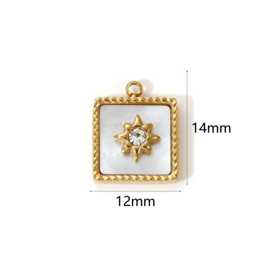 Picture of 1 Piece Eco-friendly PVD Vacuum Plating 304 Stainless Steel & Natural Shell Galaxy Charms 18K Real Gold Plated White Square Star Micro Pave Clear Cubic Zirconia 14mm x 12mm