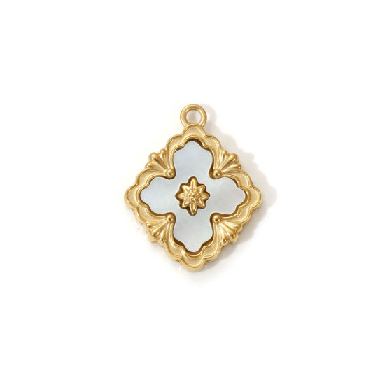 Picture of 1 Piece Eco-friendly PVD Vacuum Plating 304 Stainless Steel & Natural Shell Charms 18K Real Gold Plated White Rhombus Flower 17mm x 14mm