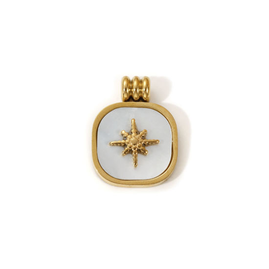 Picture of 1 Piece Eco-friendly PVD Vacuum Plating 304 Stainless Steel & Natural Shell Galaxy Charms 18K Real Gold Plated White Square Star 18mm x 14mm