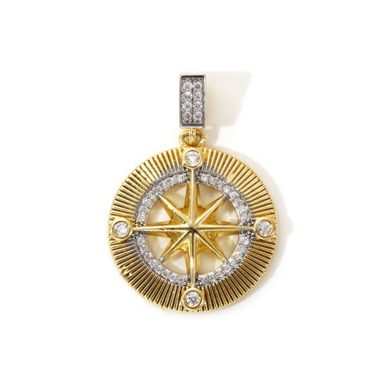 1 Piece Brass Galaxy Pendants 18K Gold Plated & Platinum Plated Two Tone Round Star Micro Pave Clear Cubic Zirconia 3.2cm x 2.2cm の画像