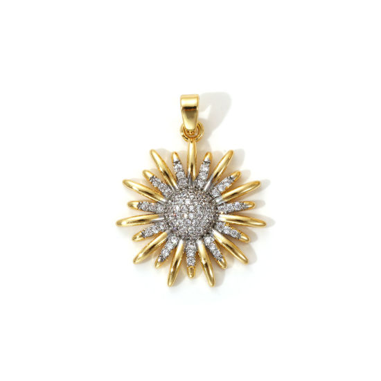 1 Piece Brass Charm Pendant 18K Gold Plated & Platinum Plated Two Tone Sunflower Micro Pave Clear Cubic Zirconia 28mm x 21mm の画像