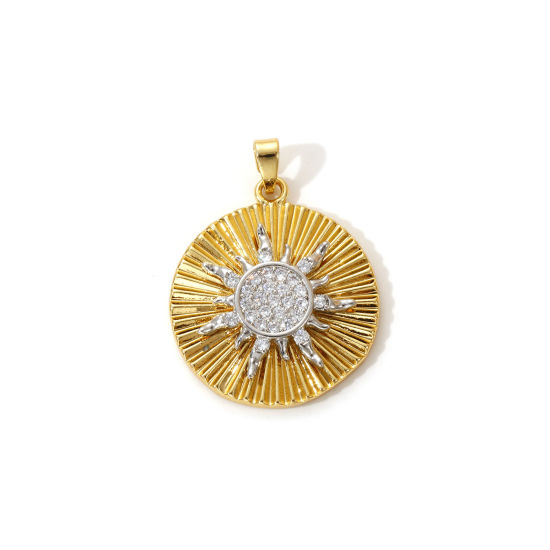 1 Piece Brass Galaxy Charm Pendant 18K Gold Plated & Platinum Plated Two Tone Round Disc Sun Micro Pave Clear Cubic Zirconia 29mm x 22mm の画像