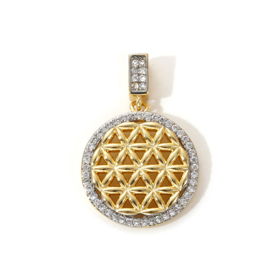 1 Piece Brass Religious Pendants 18K Gold Plated & Platinum Plated Two Tone Round Flower Of Life Micro Pave Clear Cubic Zirconia 3cm x 2cm の画像