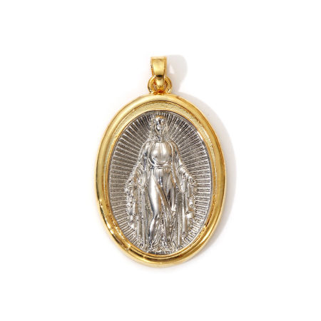 1 Piece Eco-friendly Brass Religious Pendants 18K Real Gold Plated & Real Platinum Plated Two Tone Oval Virgin Mary 3.5cm x 1cm