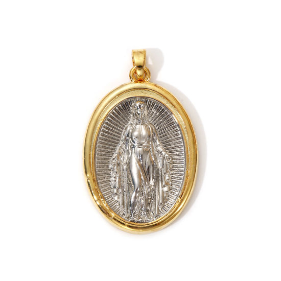 Изображение 1 ШТ Экологичный Латунь религия Подвески 18K настоящее золото с покрытием и настоящее платиновое покрытие Двухцветный Овальные Богородица 3.5см x 1см
