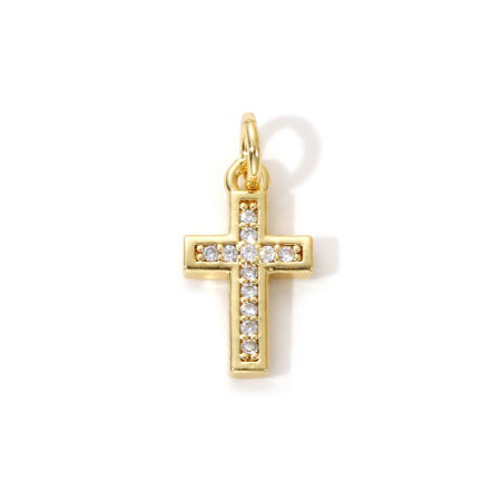 2 PCs Eco-friendly Brass Religious Charms 18K Real Gold Plated Cross Micro Pave Clear Cubic Zirconia 18mm x 8mm