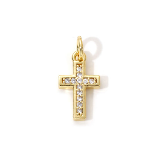 Bild von 2 PCs Eco-friendly Brass Religious Charms 18K Real Gold Plated Cross Micro Pave Clear Cubic Zirconia 18mm x 8mm