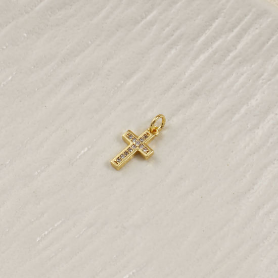 Bild von 2 PCs Eco-friendly Brass Religious Charms 18K Real Gold Plated Cross Micro Pave Clear Cubic Zirconia 18mm x 8mm