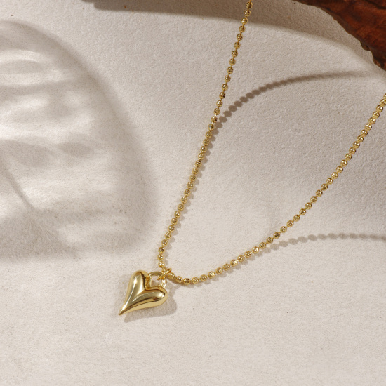 Imagen de 18K Oro Real Chapado Cadena de Cable Cruz Corazón Collar con Colgante, Latón 45cm + 5cm, Para Mujeres, 3D, Exquisito día de San Valentín Regalo, Respetuoso del Medio Ambiente, 1 Unidad