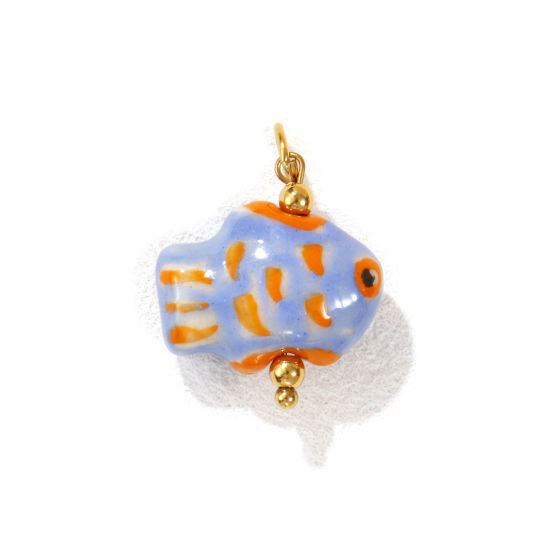 Bild von 1 Stück Umweltfreundliche PVD-Vakuumbeschichtung 304 Edelstahl & Keramik Ozean Schmuck Charms 18K Vergoldet Blau Fisch Gemalt 25mm x 18mm